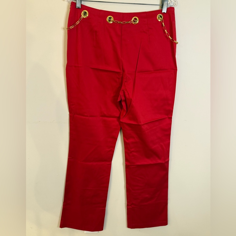 Crossing Pointe dressy chic red pants with gold grommets and gold chain SZ 12